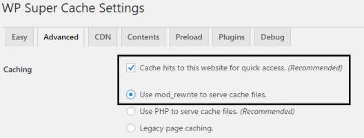 WP Super Cache settings for Advanced Caching