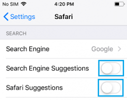 Isable safari and search engine suggestions iphone