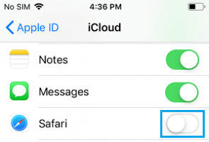 Disable safari syncing to icloud on iphone