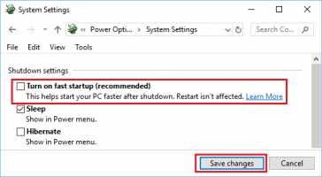 Disable fast startup option windows 10