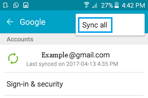 Sync all option in gmail account android phone