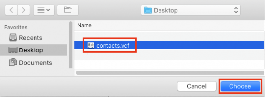 Select contacts file for import to icloud