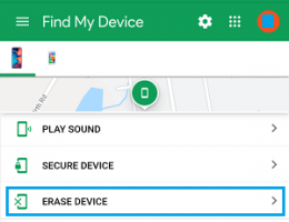 Erase device option google find my device