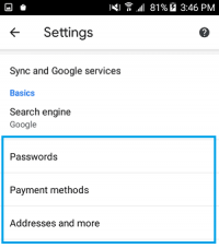  payments addresses settings option chrome android