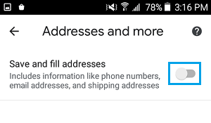 Disable save fill addresses chrome android