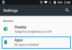 Apps option on settings screen android phone