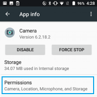 Camera permissions tab android phone