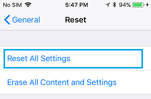 Reset all settings option iphone