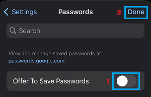 Sable offer to save passwords option chrome mobile