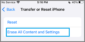 Ntent settings option transfer reset iphone screen