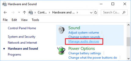 Manage audio devices option control panel windows