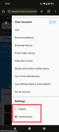 Change langugae amazon mobile browser settings