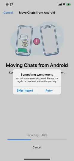 فشل نقل WhatsApp إلى iOS
